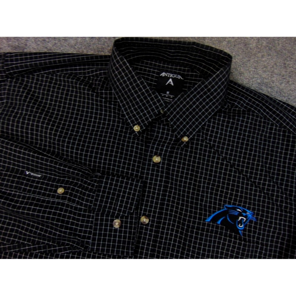 Carolina Panthers Shirt Mens Med Dark Black Grid Button Down NFL Antigua